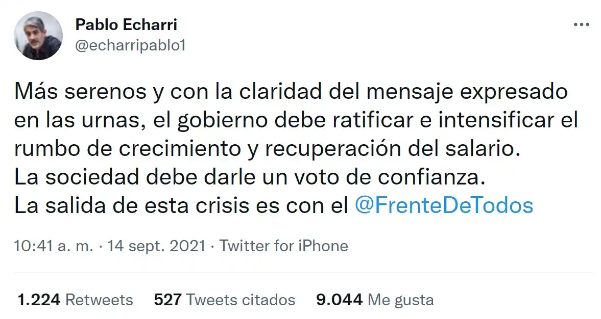 La reflexión de Pablo Echarri tras la derrota: El gobierno debe ratificar e intensificar el rumbo