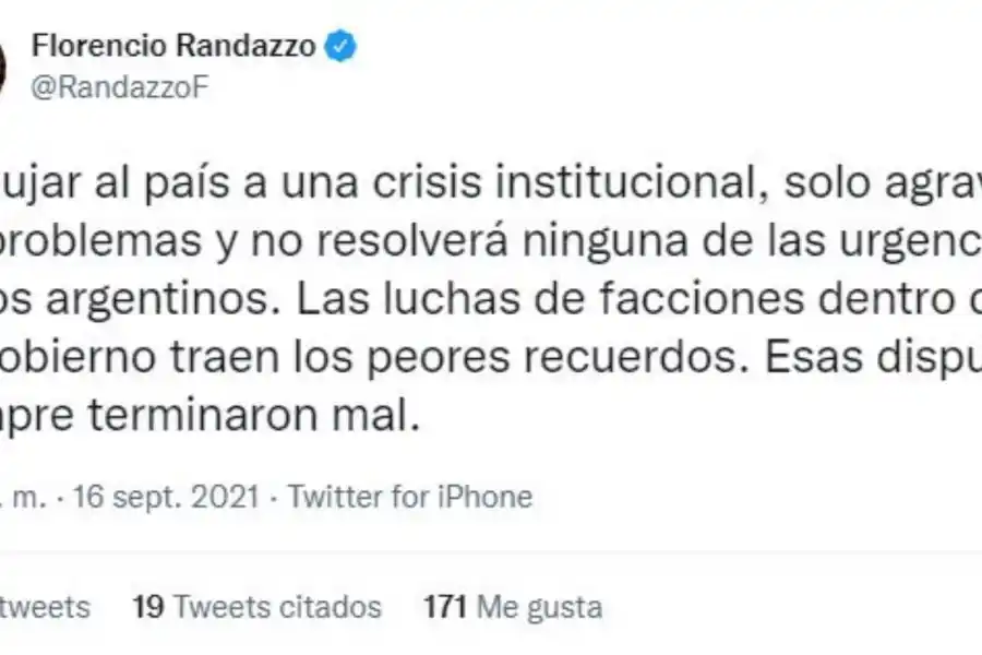 Randazzo: las luchas de facciones dentro de un gobierno traen los peores recuerdos