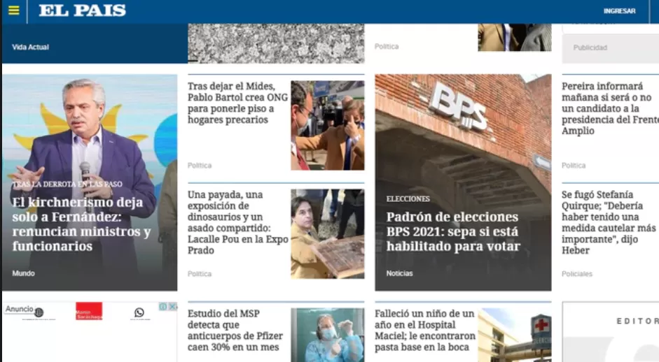 Portada de El País, de Uruguay