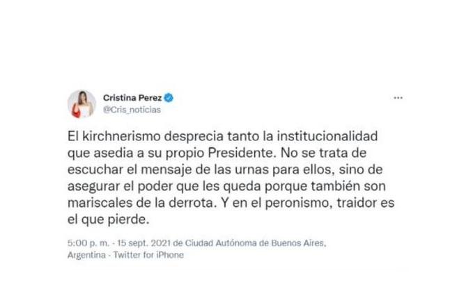 Cristina Pérez: “El kirchnerismo desprecia tanto la institucionalidad que asedia a su propio presidente”