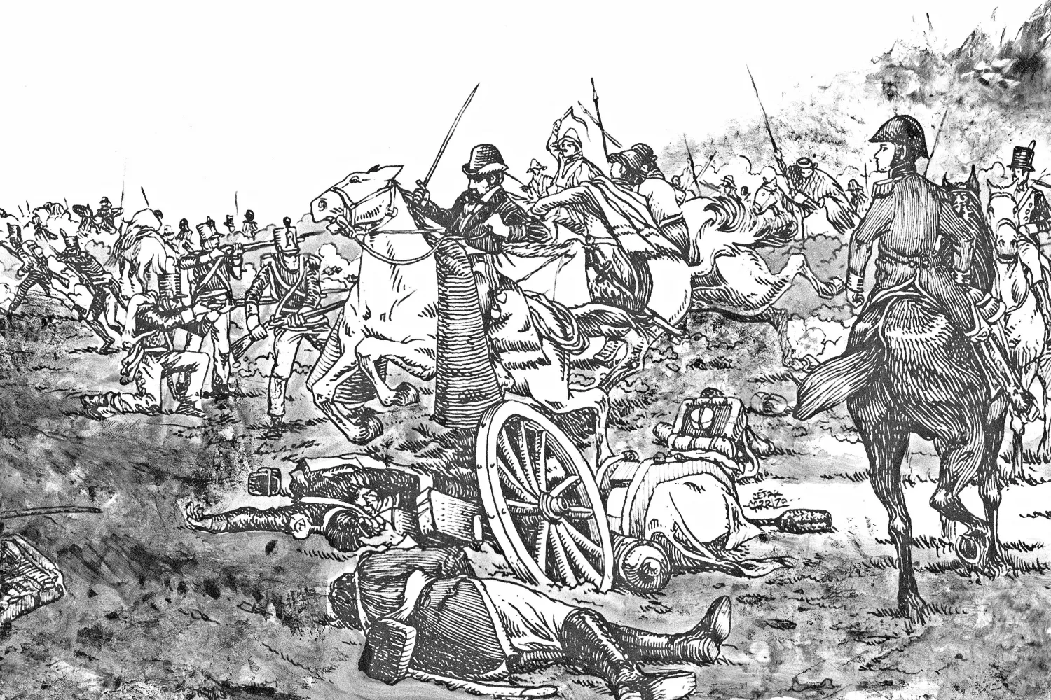 RECREACIÓN. Las ilustraciones de la Batalla de Tucumán son de César Carrizo, miembro del Equipo de Historia, Identidad y Cultura de la DAT-2021 