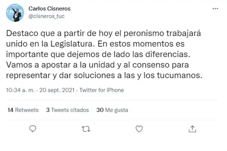 Es hora de que dejemos de lado las diferencias; el peronismo trabajará unido, dijo Cisneros