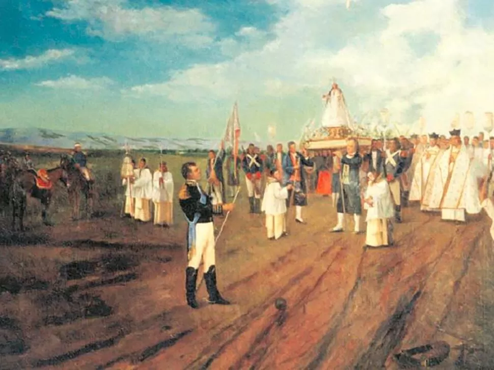 MOMENTO HISTÓRICO. Manuel Belgrano le entregó el bastón de mando a la Virgen de la Merced en el Campo de las Carreras el 28 de octubre de 1812. 