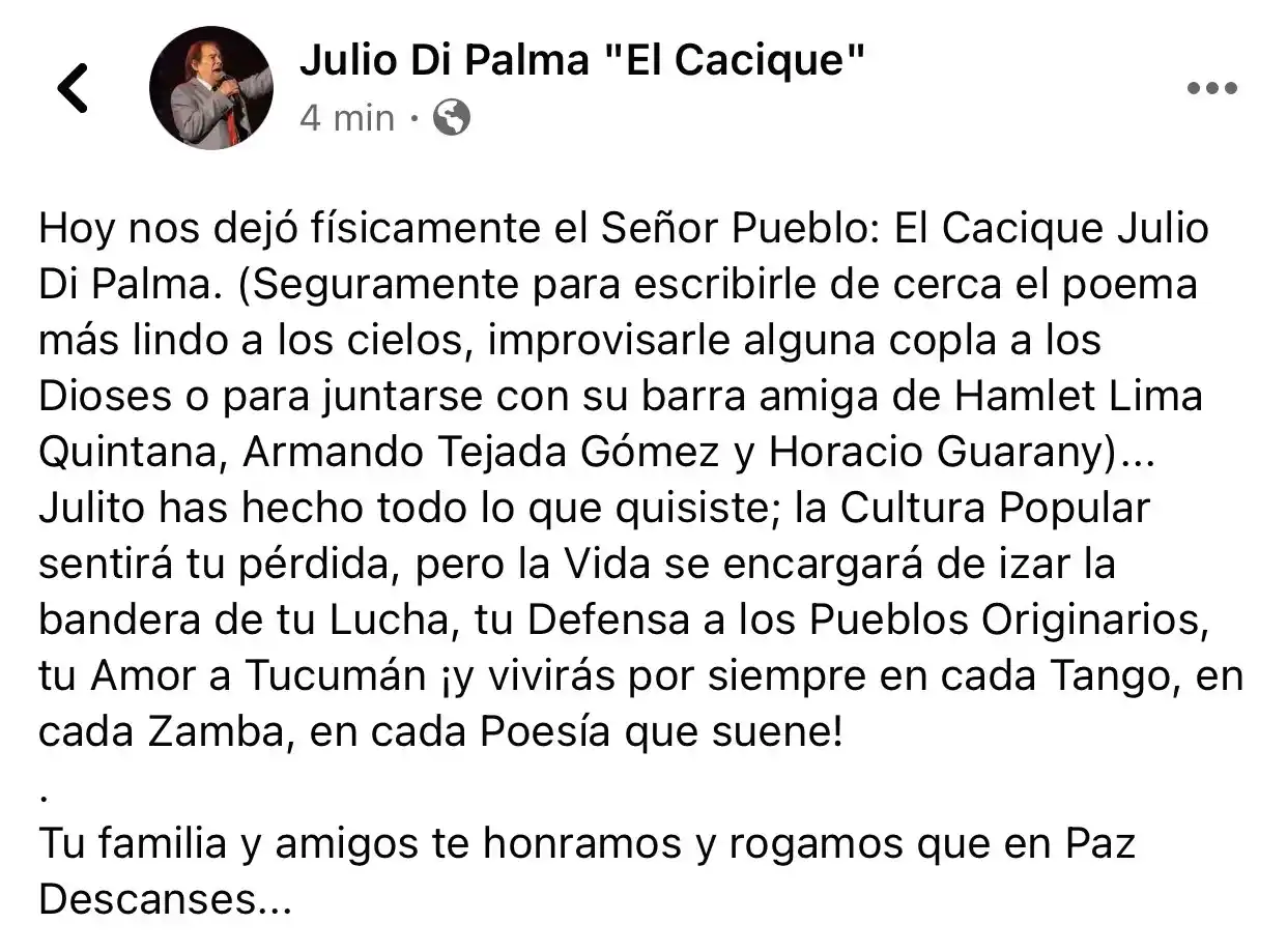 Falleció el popular animador Julio El Cacique Di Palma