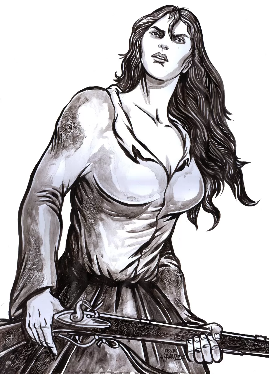 CON SU FUSIL. El dibujante César Carrizo (miembro de la DAT 2021) imagina a Manuela Hurtado de Pedraza con mirada firme y decidida. 