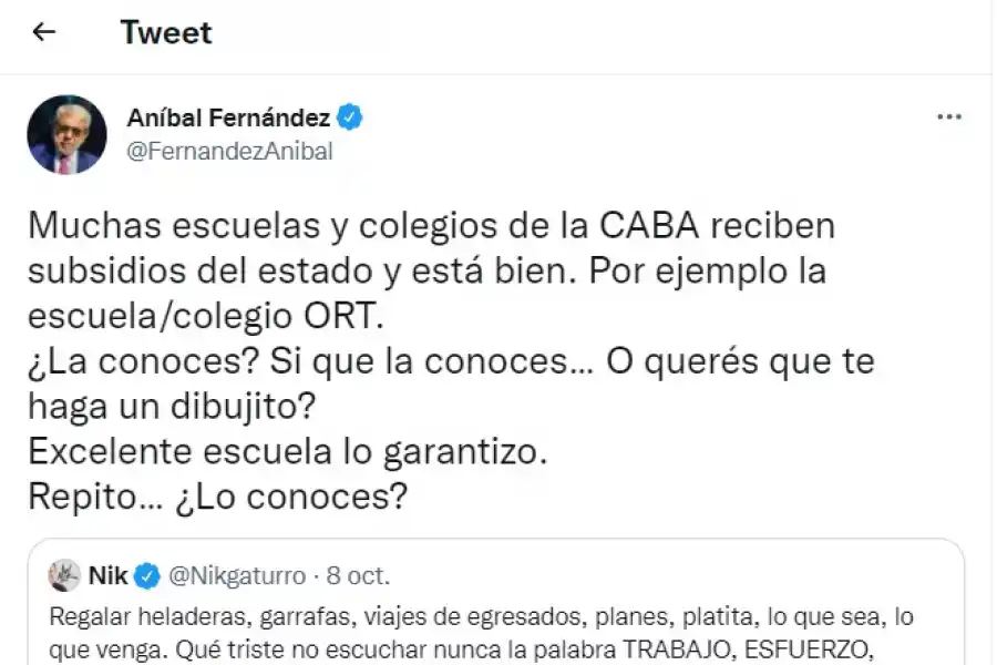 Nik vive agraviándonos, afirmó Aníbal Fernández, y negó haber amenazado al dibujante