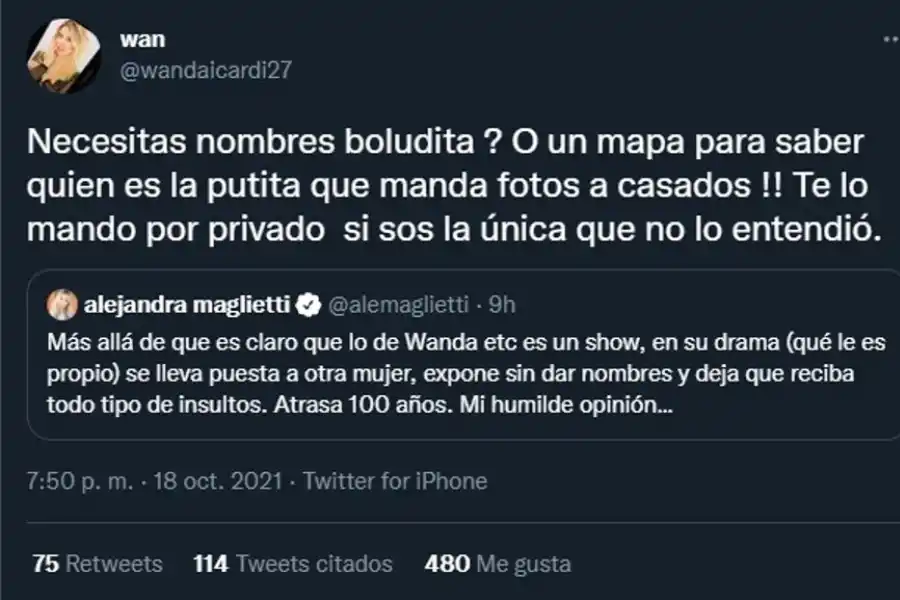 Wanda, indignada con Alejandra Maglietti: ¿necesitás nombres, boludita?