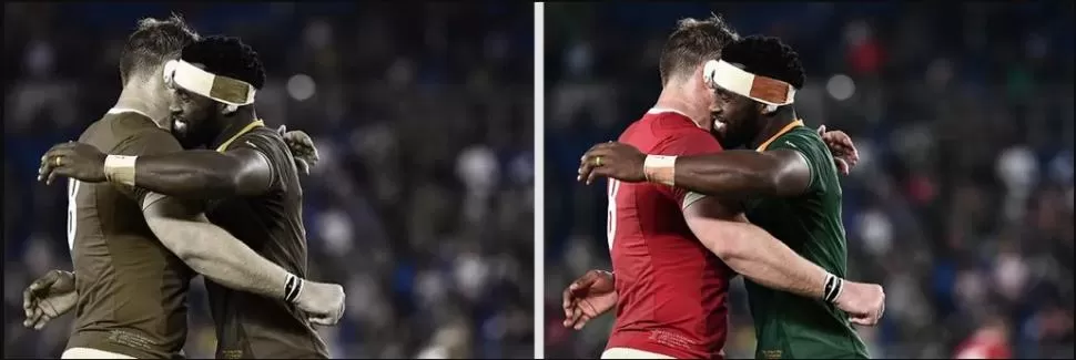 ASÍ SE VE. La imagen fue creada en la web de la World Rugby. A la izquierda, como ve un daltónico y a la derecha como lo hace una persona sin la discapacidad. 