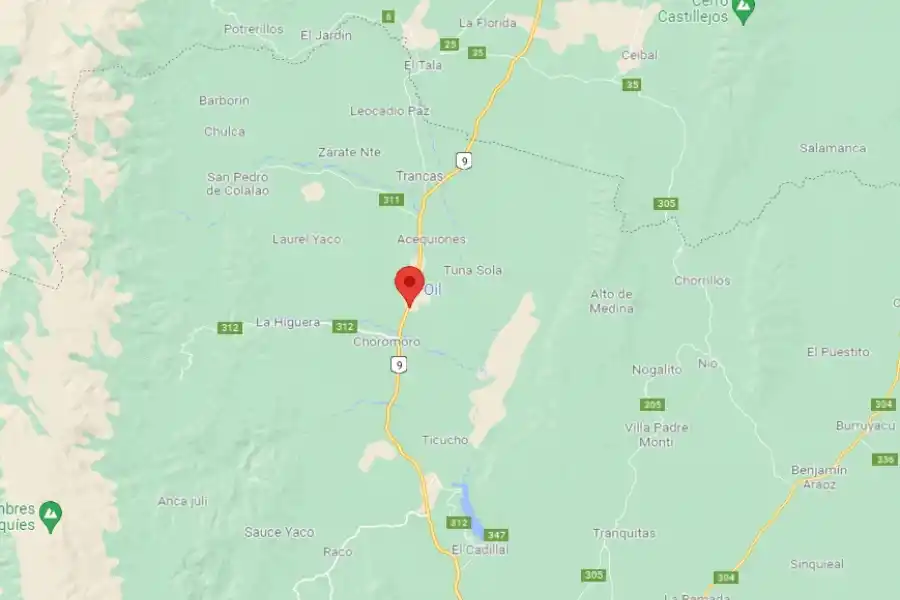 BENJAMÍN PAZ. La localidad donde se construirá la cárcel -señalada con el ícono rojo- está ubicada en el departamento Trancas, cerca del límite con Salta. Imagen de Google Maps