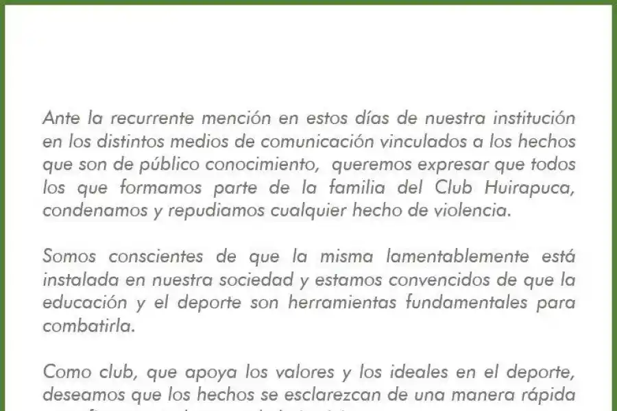 Repudiamos cualquier hecho de violencia, dijo Huirapuca sobre la golpiza de los rugbiers