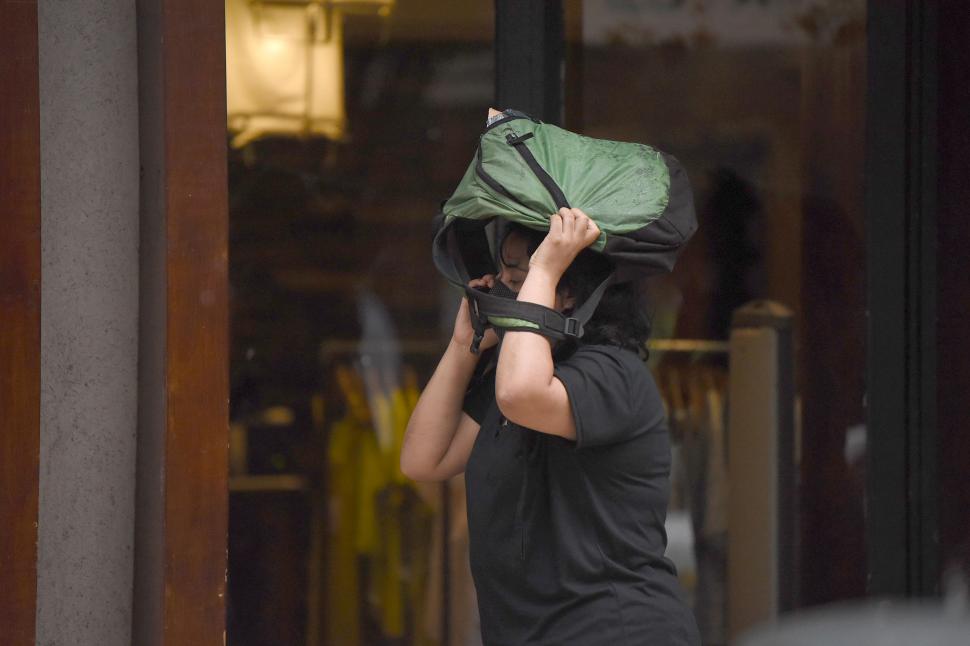 A FALTA DE PARAGUAS... bueno es el bolso. Una transeúnte sorprendida por la tormenta se las arregla para avanzar. 