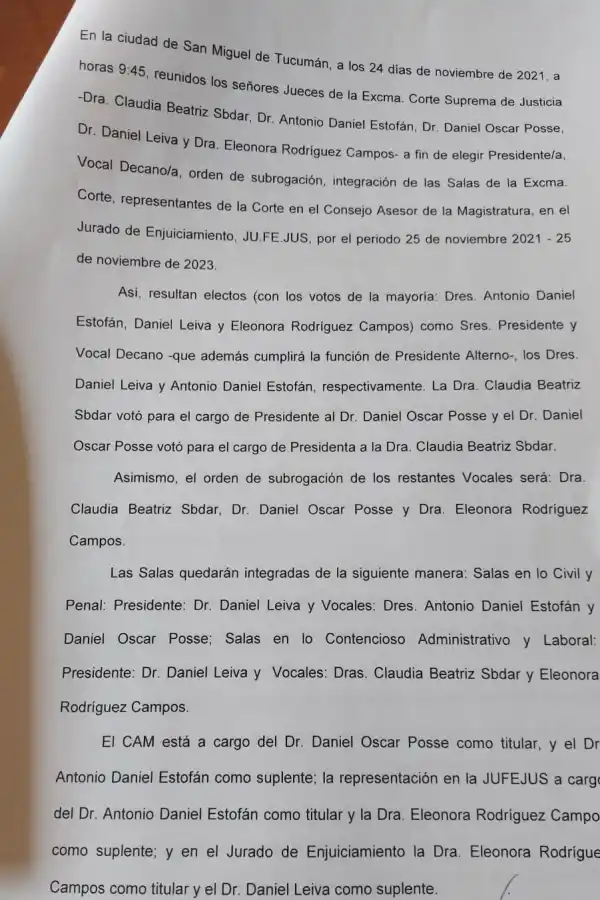 Así fue la votación que llevó a Daniel Leiva a la presidencia de la Corte provincial