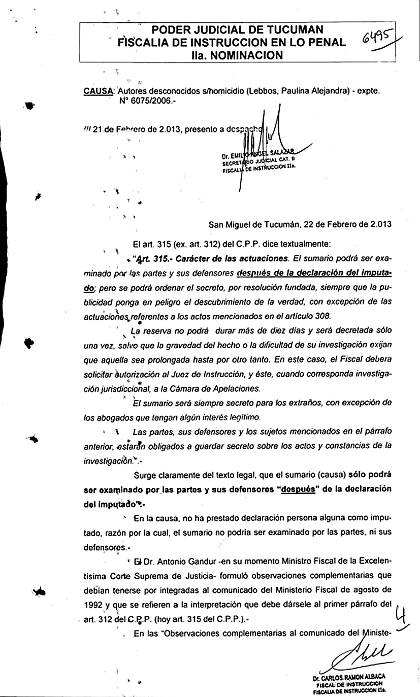 FOJA 6.495 DE LA CAUSA DEL HOMICIDIO. Facsímil del informe de 2013 firmado por Salazar donde Albaca ratifica el secreto de sumario. 