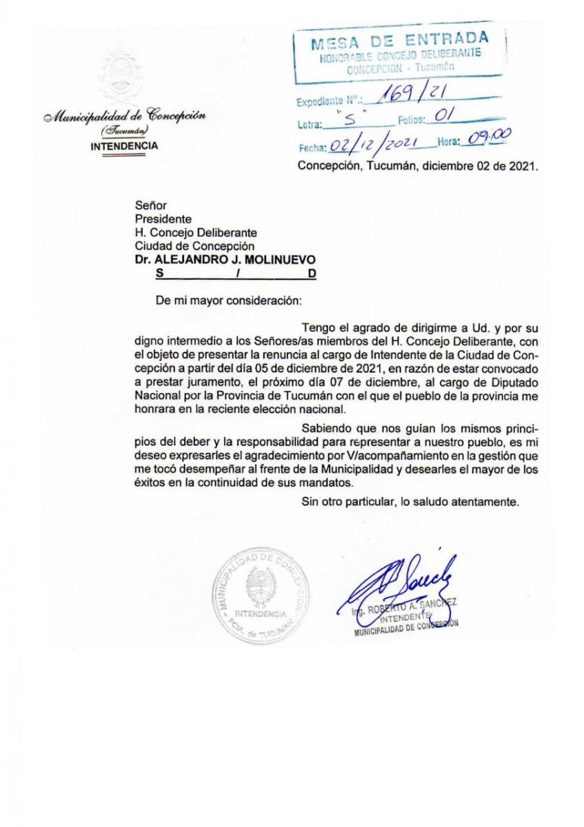 El intendente de Concepción presentó su renuncia para asumir como diputado