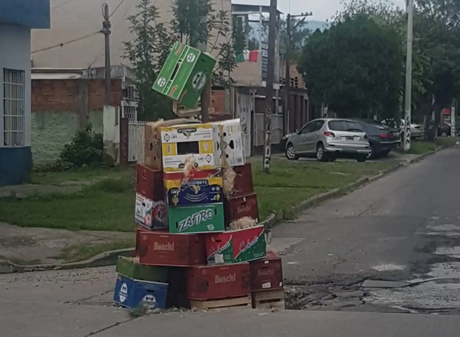 ALTURA. El arbolito tiene casi dos metros conformados por cajas de frutas y verduras.