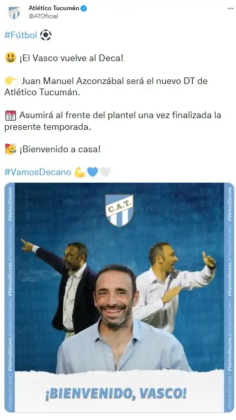 ¡Bienvenido, Vasco!: Atlético confirmó que Azconzábal asumirá para la temporada 2022