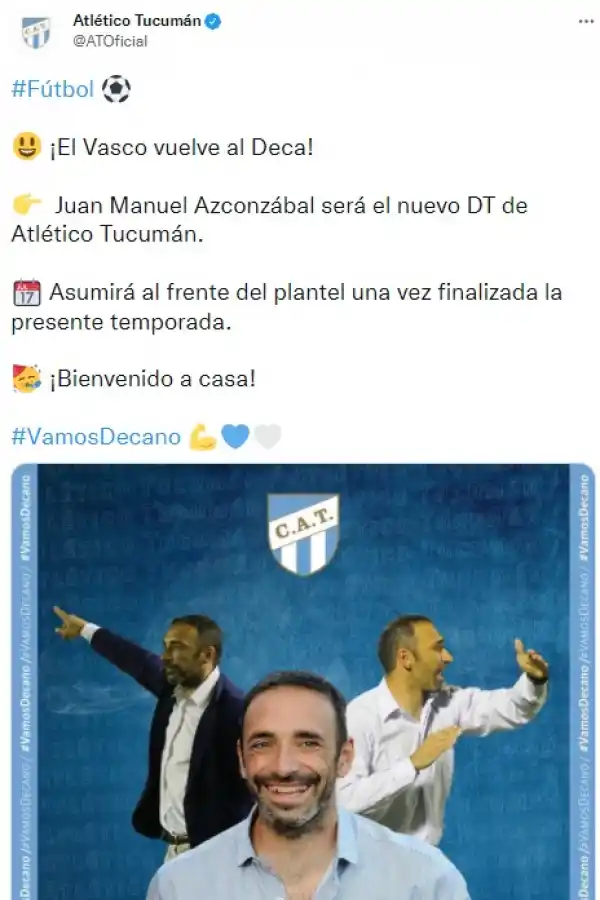 ¡Bienvenido, Vasco!: Atlético confirmó que Azconzábal asumirá para la temporada 2022