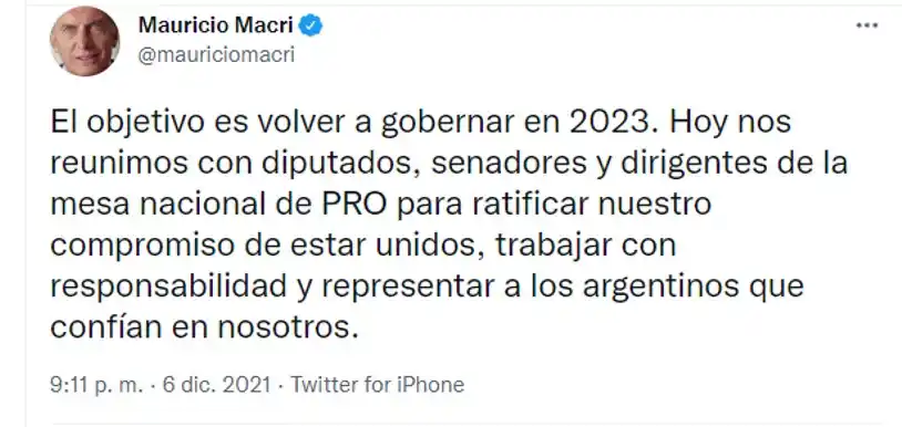 Macri: el objetivo es volver a gobernar en 2023