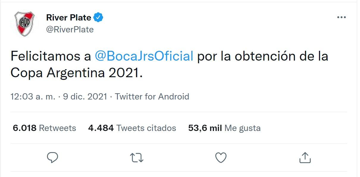 River felicitó a Boca por la obtención de la Copa Argentina con un particular detalle