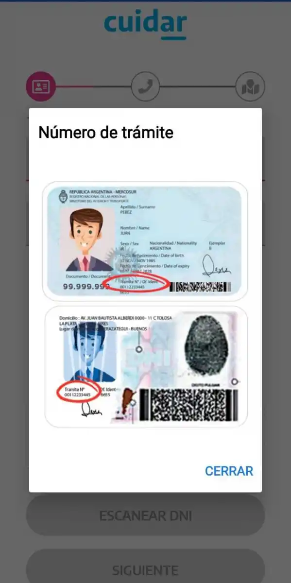 NÚMERO DE TRÁMITE. La app Cuidar te pide ese dato, que figura en tu DNI.