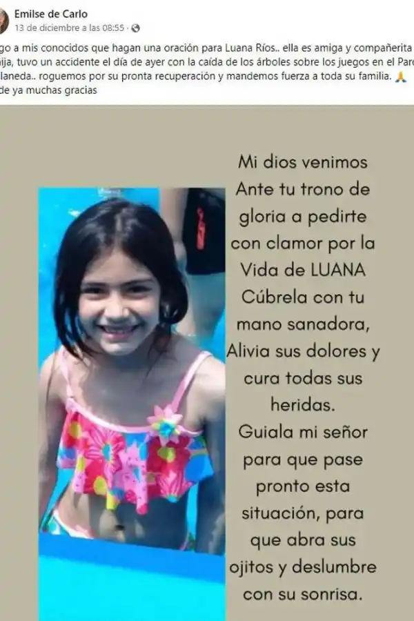 Recen por ella: El doloroso pedido de la mamá de la niña a la que le cayó un árbol en el parque Avellaneda