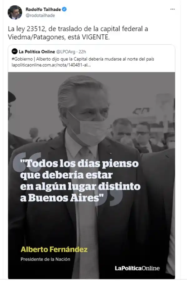 Tuit de diputado nacional Rodolfo Tailhade 