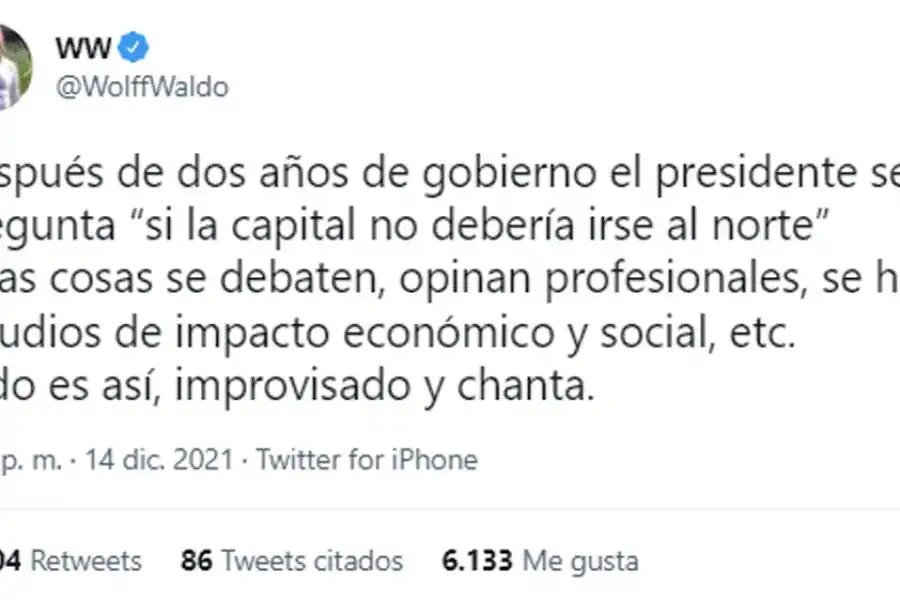 Tuit del diputado nacional Waldo Wolff