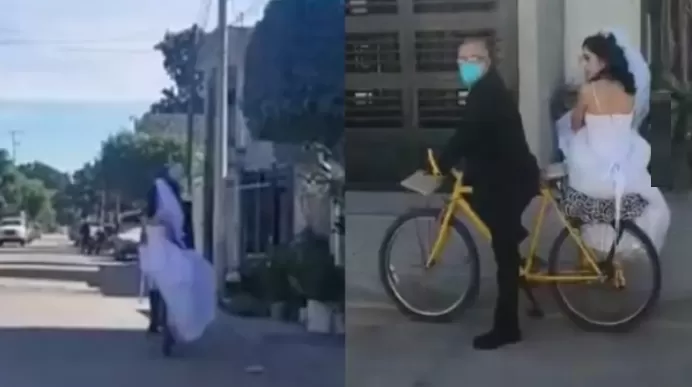 Llevó a su hija a casarse en bicicleta y se hizo viral
