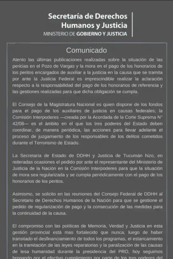 Pozo de Vargas: Tucumán responsabilizó al Consejo de la Magistratura Nacional por la falta de pago a peritos