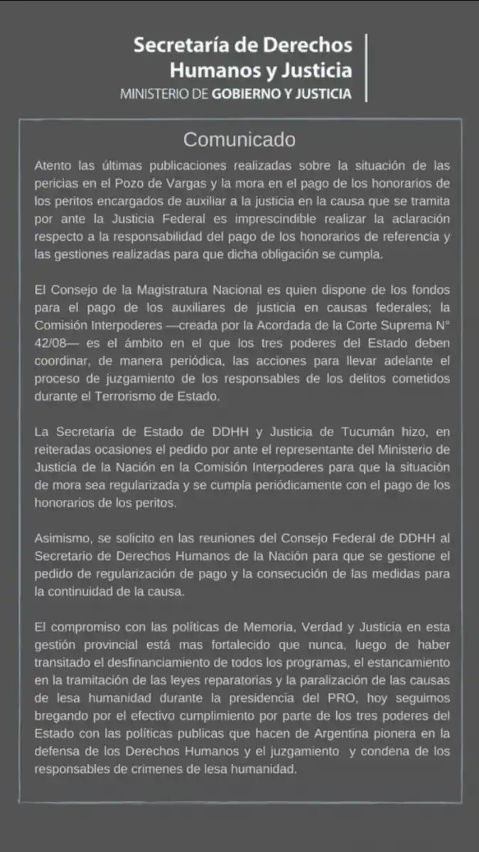 Pozo de Vargas: Tucumán responsabilizó al Consejo de la Magistratura Nacional por la falta de pago a peritos