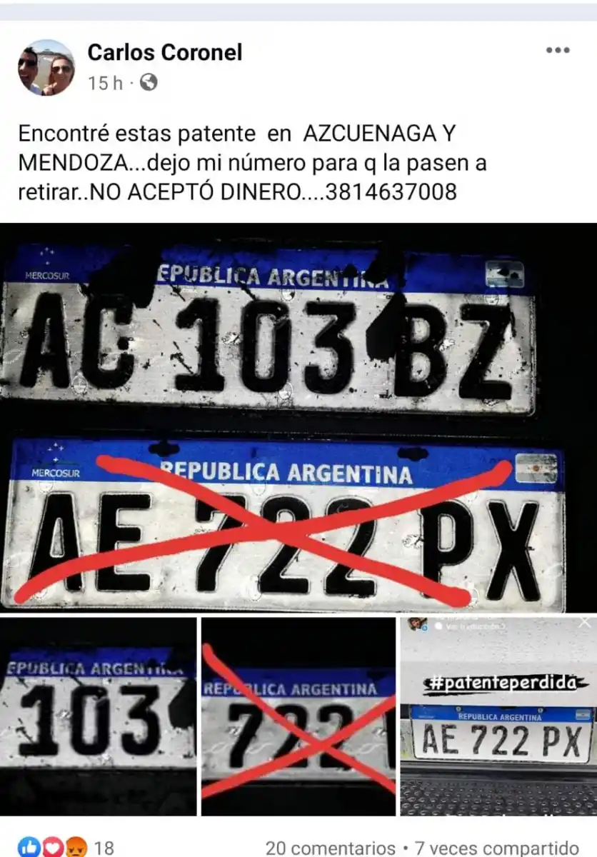 Encontraron patentes perdidas y buscan a sus dueños por Facebook