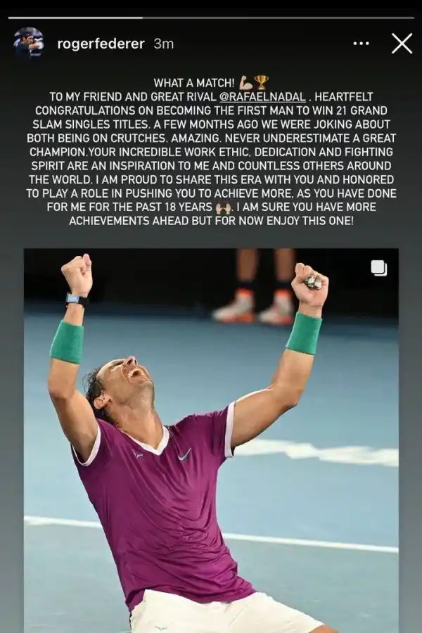 Federer envió un efusivo mensaje de felicitación a Nadal luego de su coronación