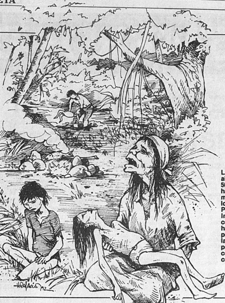 CRUEL RELATO. La obra del dibujante Héctor Palacios que ilustró la tragedia que vivió la familia de matacos tratando de escapar de la enfermedad. 