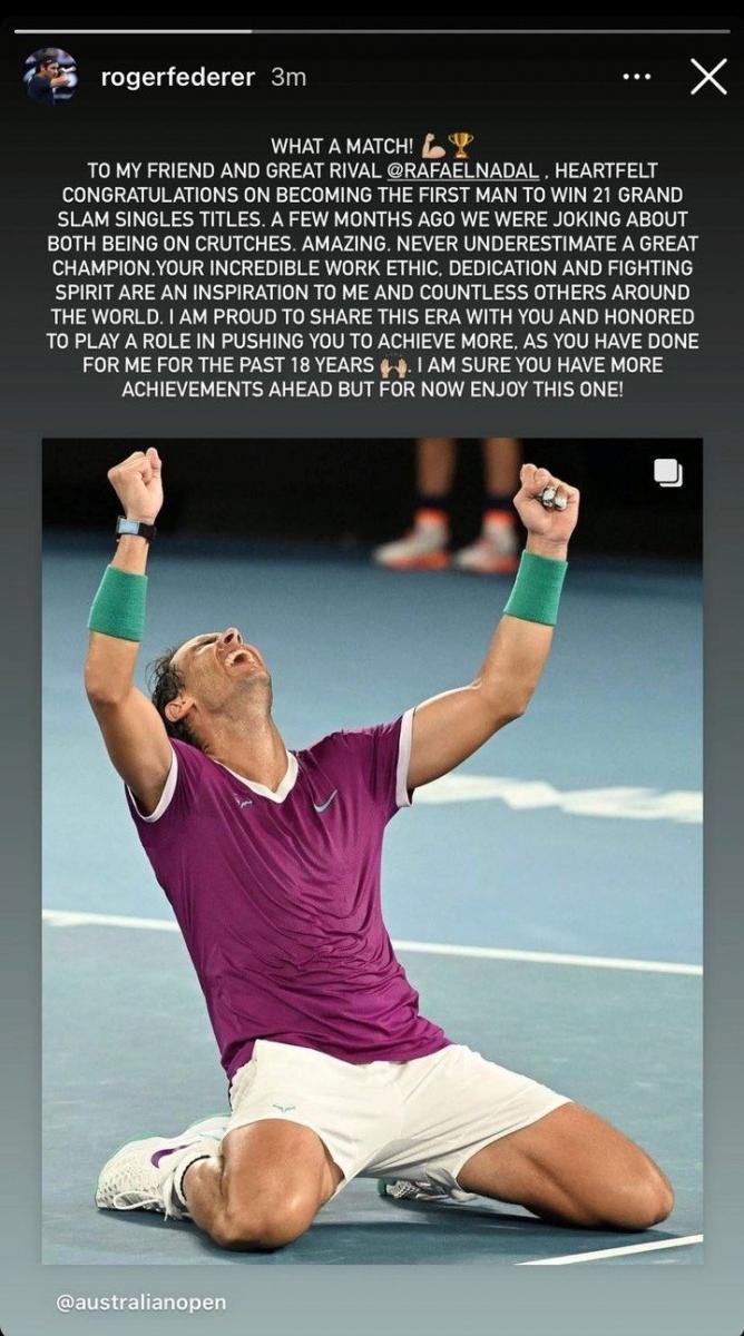 Federer envió un efusivo mensaje de felicitación a Nadal luego de su coronación