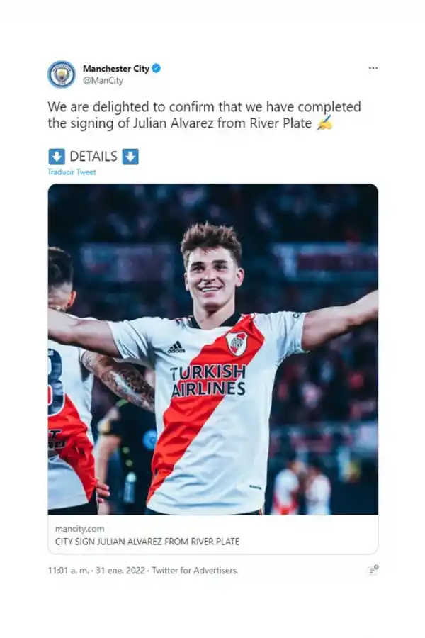 Manchester City le compró a River el pase de Julián Álvarez