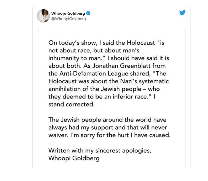 Polémica: Whoopi Goldberg dijo que el Holocausto no se trató de un hecho racial