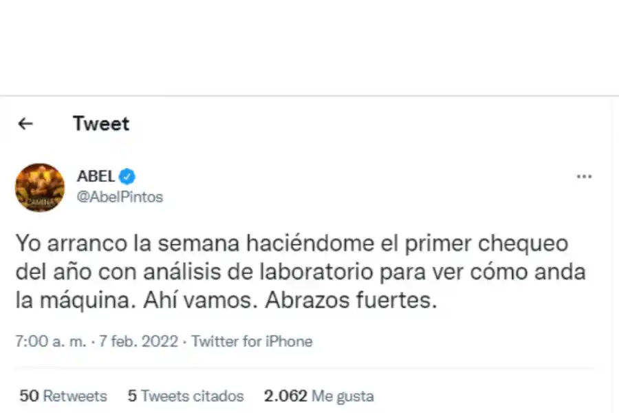 Primer chequeo: Un posteo de Abel Pintos generó preocupación