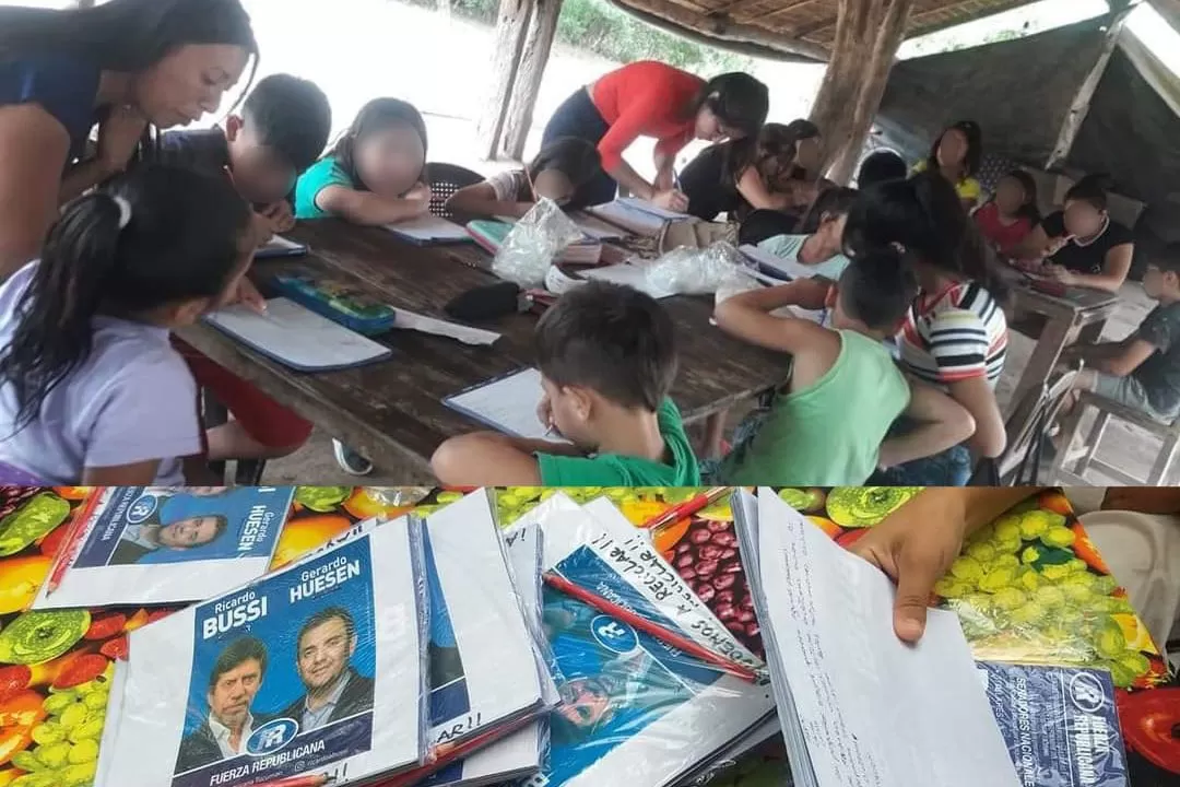 CANDIDATOS Y SELLO PARTIDARIO. Los alumnos bandeños estudian con los votos reciclados. Foto de Twitter @gerardohuesenok