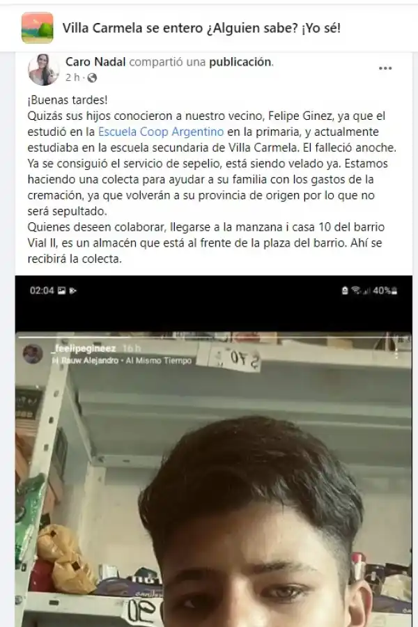 Conmoción en Villa Carmela por la muerte de un chico de 14 años