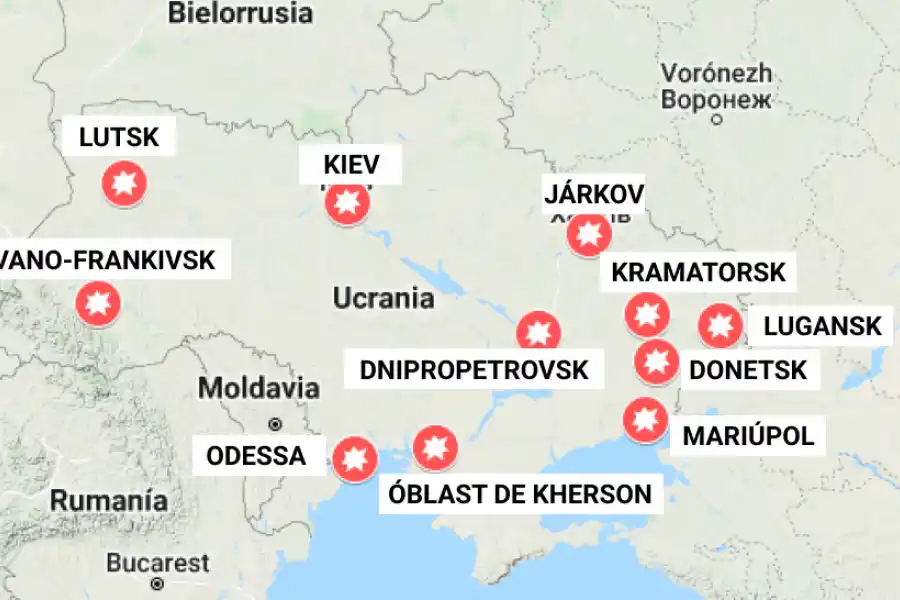 El mapa de las zonas de Ucrania atacadas por Rusia