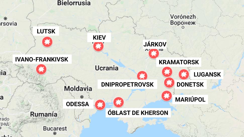 El mapa de las zonas de Ucrania atacadas por Rusia