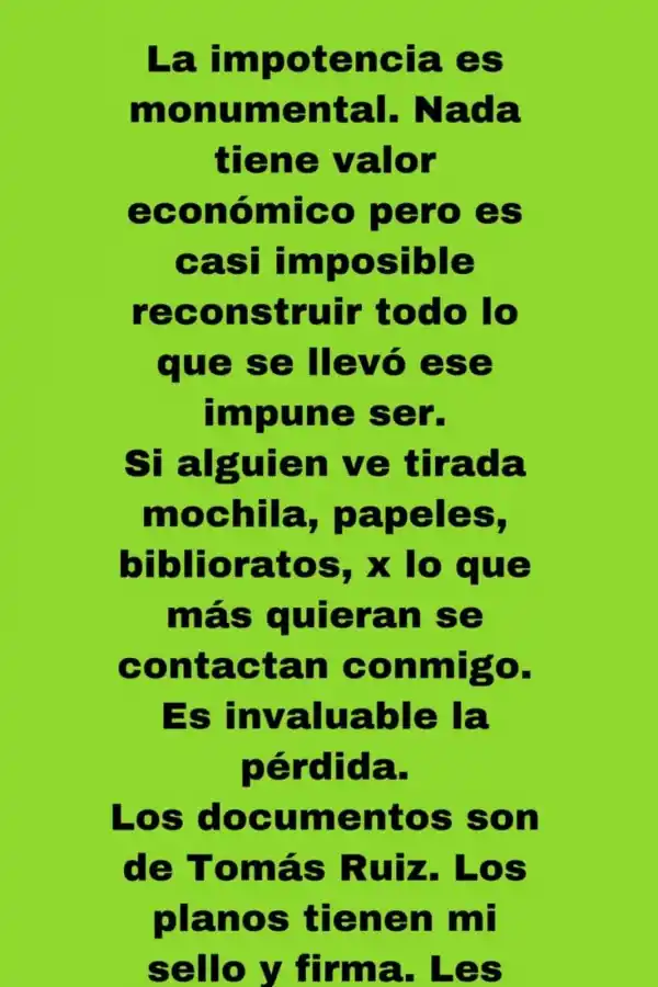 PEDIDO. Mediante sus redes sociales, la arquitecta Mariela Molineri pide que le devuelvan unos biblioratos casi imposibles de reconstruir