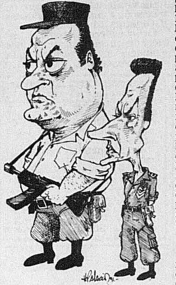 INTERNA POLICIAL. Héctor Palacios caricaturizó al gobernardor Ramón Ortega y a su ministro de Gobierno Falú.