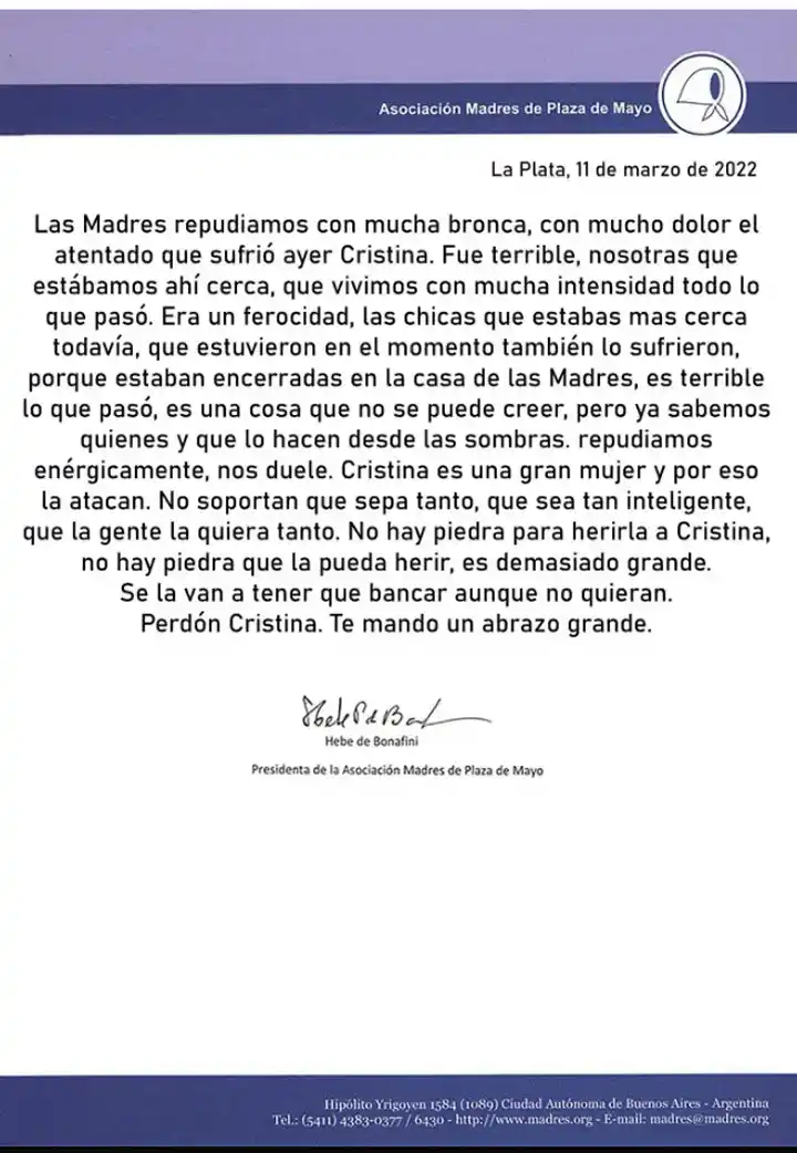 Hebe de Bonafini repudió el ataque al despacho de Cristina: “es una gran mujer y por eso la atacan”