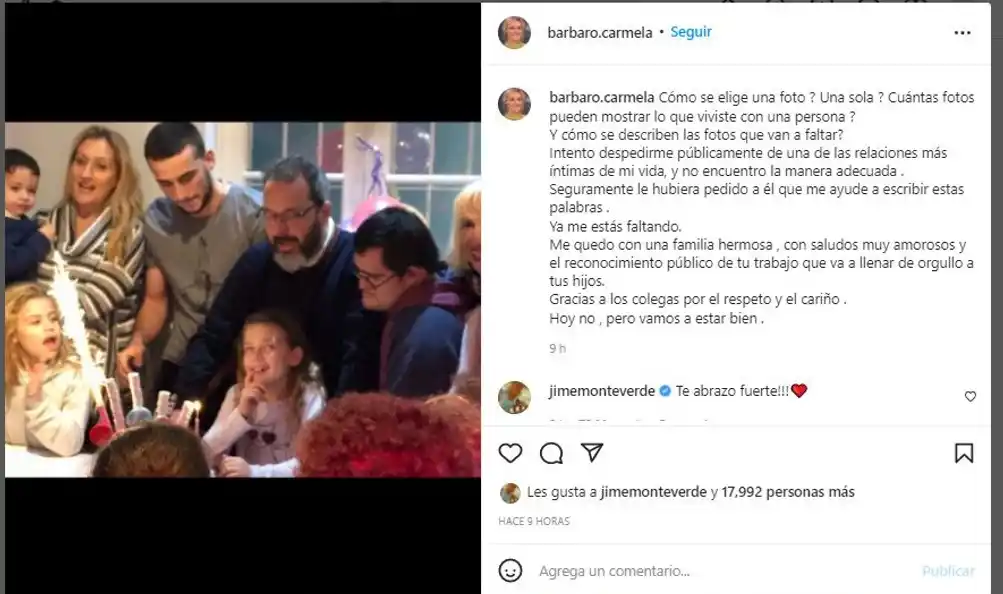 El conmovedor mensaje de Carmela Bárbaro, ex esposa de Gerardo Rozín: Ya me estás faltando