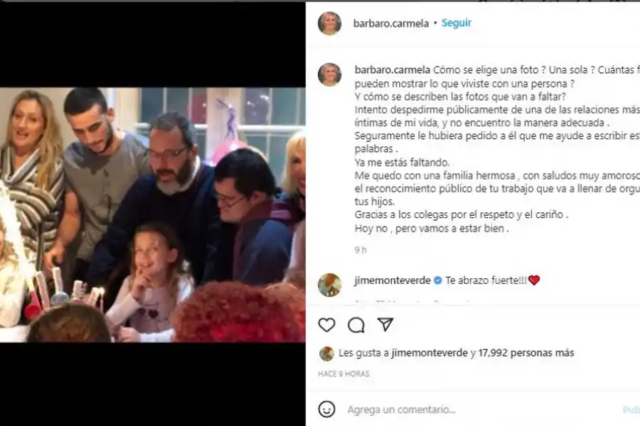 El conmovedor mensaje de Carmela Bárbaro, ex esposa de Gerardo Rozín: Ya me estás faltando