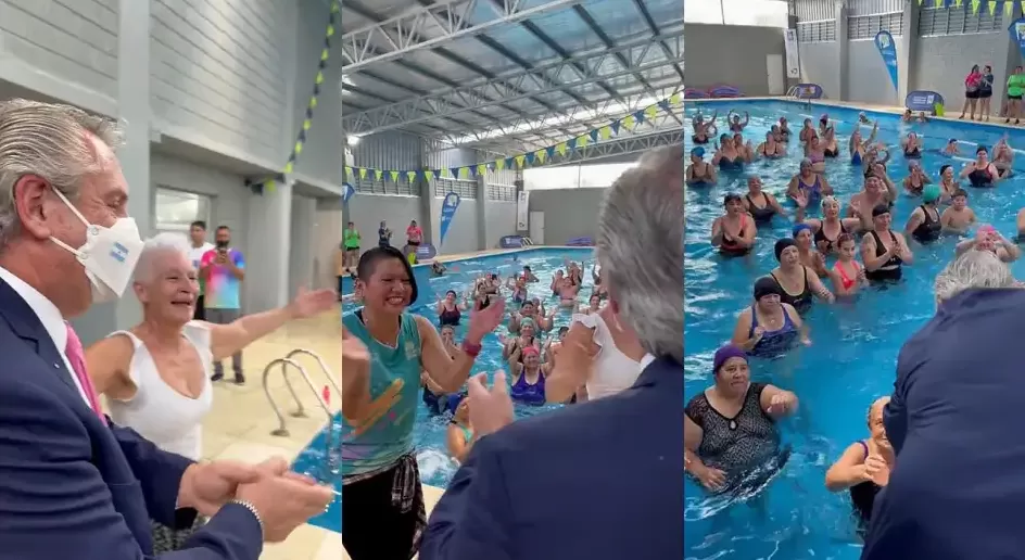 Alberto Fernández sorprendió a las alumnas de una clase de aquagym en Tortuguitas