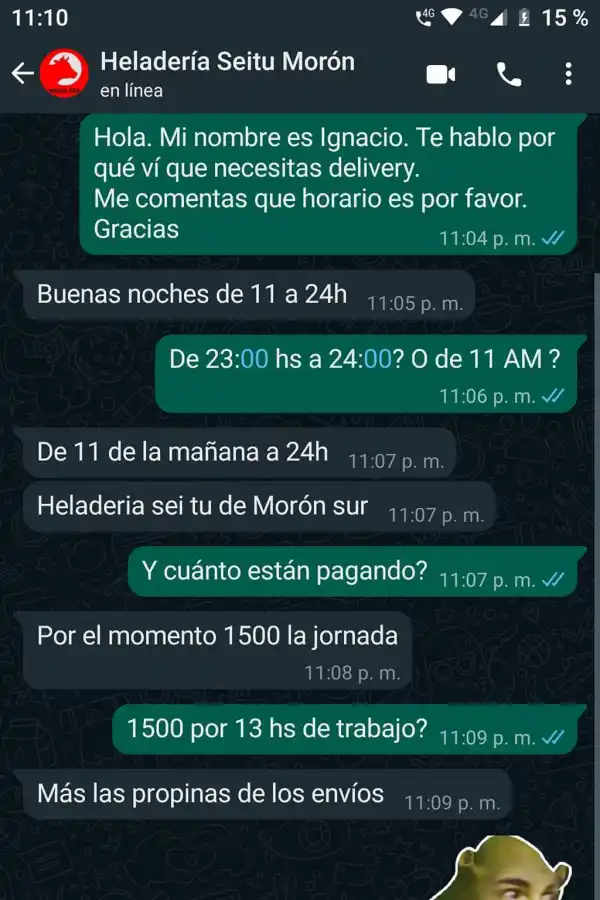 SORPRESA. Ofrecieron pagarle $ 1.500 por una jornada de 13 horas; los escrachó en las redes.