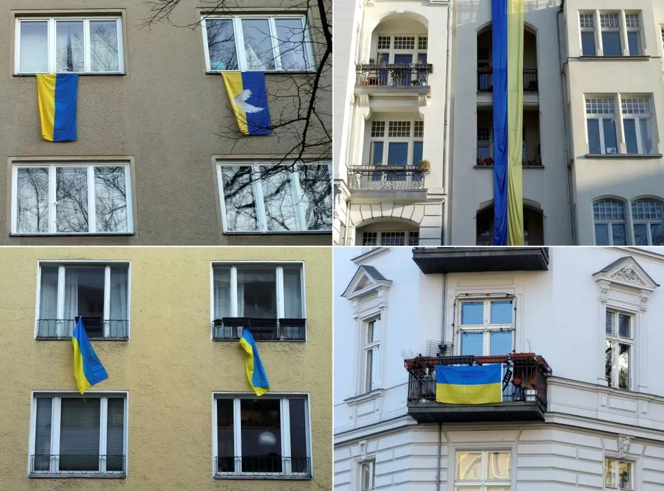 APOYO. Banderas azul y amarillo se muestran en Berlín y en otras ciudades, en solidaridad con los ucranianos. REUTERS