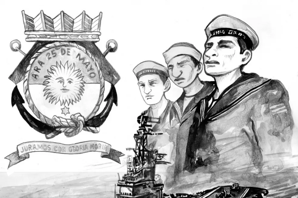 EN GUERRA. El buque y sus marineros, en el dibujo de César Carrizo (docente historietista, del Equipo Técnico de la Secretaría de Educación).